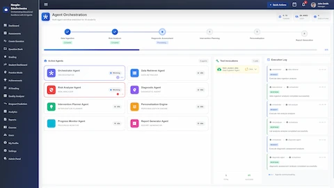 Agent Orchestration - Multi-agent workflow pipeline with active agents, tool invocations, and real-time execution log tracking data ingestion through report generation